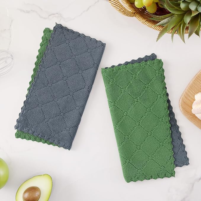 Homaxy 12 Pack Super Soft Dish Cloths, 10" x 10", Dark Grey & Grass Green | Coral Velvet, Nonstick Oil Fast Drying Microfiber Cleaning Cloth, No Lint Household Dishcloths