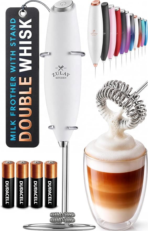 Zulay Kitchen Powerful Milk Frother Wand With Duracell Batteries - Ultra Fast Handheld Drink Mixer - Electric Whisk Foam Maker for Coffee, Lattes, Cappuccino & Matcha - Double Whisk - White
