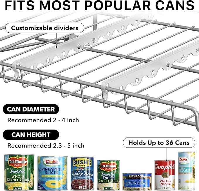 Simple Houseware Stackable Can Rack, Silver, Adjustable Plastic Dividers, Holds 36 Cans | Can Food Storage Dispenser for Pantry/Cabinet, Adjustable Dividers – 11.5" D x 17" W x 13.75" H