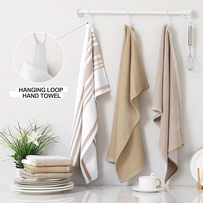 Homaxy Cotton 380 GSM Premium Kitchen Towels, 18"x 28", 9 Pack, Khaki | Soft and Absorbent Terry Dish Towels, Multipurpose Tea Towel Set with Hanging Loop, 3 Styles Kitchen Hand Towels