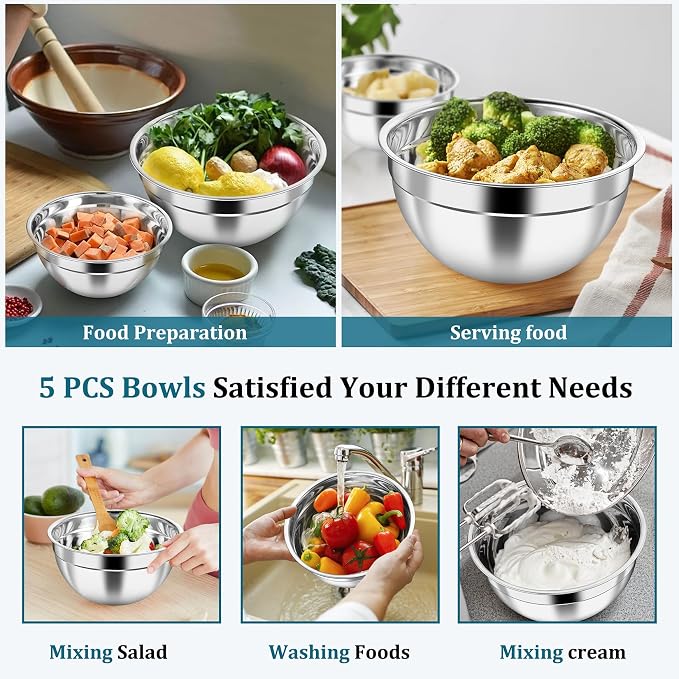 P&P CHEF Metal Mixing Bowls with Lids Set, Visible Airtight Lids & Blue | 5 PCS Stainless Steel Mixing Nesting Bowls for Kitchen Prepping, Storing, Healthy & Easy Clean, Size 4.6, 3, 1.5, 1, 0.7 QT