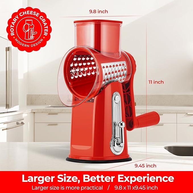 SUSTEAS Rotary Cheese Grater 5 Blades,Kitchen Mandoline Vegetable Slicer | Red, Easy to Clean, Strong Suction Base, 5 Blades Storage Box, Round Mandoline Slicer & Food Chopper for Salad