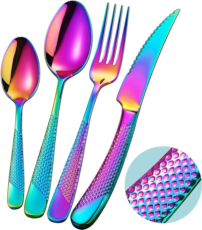 Xideman® 16-Pc Modern Rainbow Hammered 18/10 Stainless Steel Silverware Set | Ultra Sharp 2-IN-1 Serrated Knives, Ergonomic Non-Slip Handles, Service for 4, Rust Resistant, Dishwasher Safe