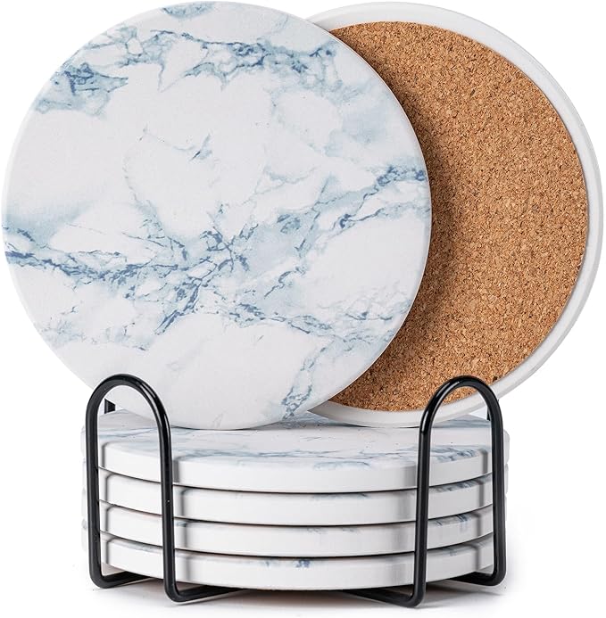 6Pcs Absorbent Coasters Set with Holder,Ceramic Drink Coaster,4 in（A6） | Marble Style Ceramic Drink Coaster,Suitable for Kinds of Cups,Modern Style Coaster for Coffee Table