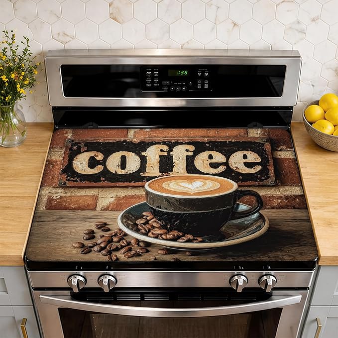 Stove Top Cover Coffee Cup 28.5x20.5Inch for Electric Stove,Heat Resistant Silicone Cooktop Protector,Glass Stove Cover Mat,Anti Scratch Countertop Protector