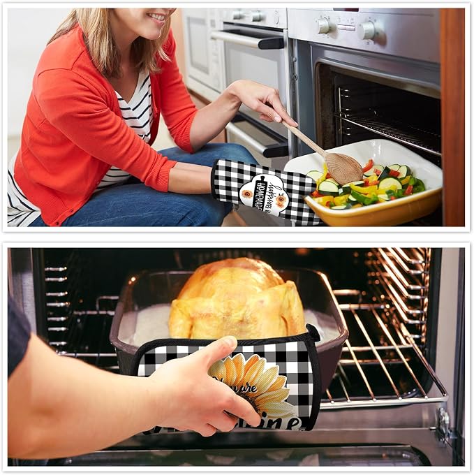 5 Pcs Buffalo Plaid Kitchen Towels Oven Mitts and Pot Holder Set,Sunflower | Sunflower Checkered Kitchen Decor, Black White Kitchen Towel Oven Glove, Sunflower Farm House Accessory Decor, High Quality