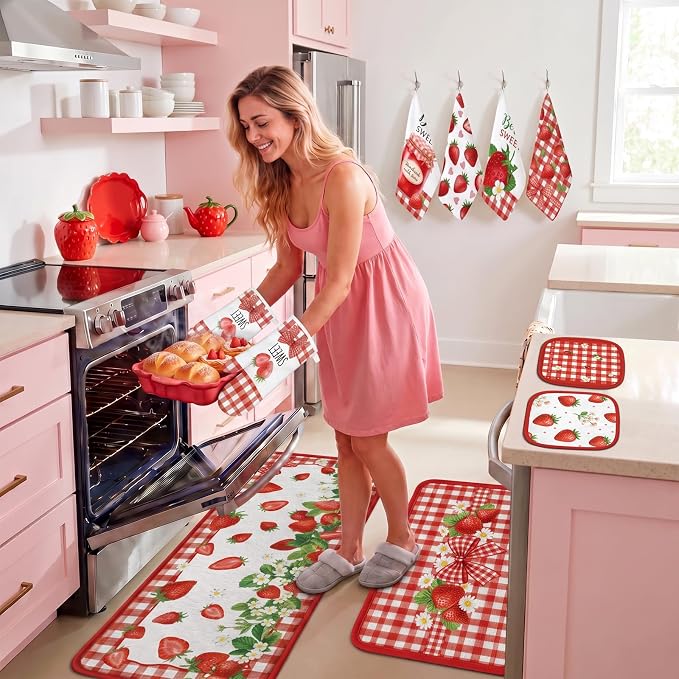 Tieshankao 10Pcs Strawberry Kitchen Decor Accessories Set | Kitchen Towels, Oven Mitts, Pot Holders, Rugs and Mats, Strawberry Fruit Theme, Baking Supplies, Housewarming Gifts