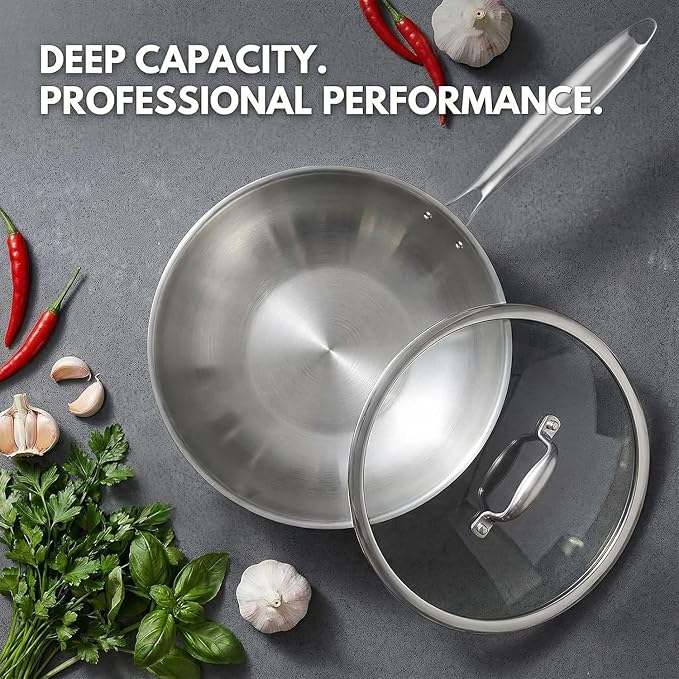 Inqibee 10 Inch Stainless Steel Wok Pan with Lid, Riveted Handle | Uncoated Tri-Ply Stainless Steel Stir Fry Pan, Everyday Cooking Wok for Induction, Flat Bottom, Dishwasher & Oven Safe