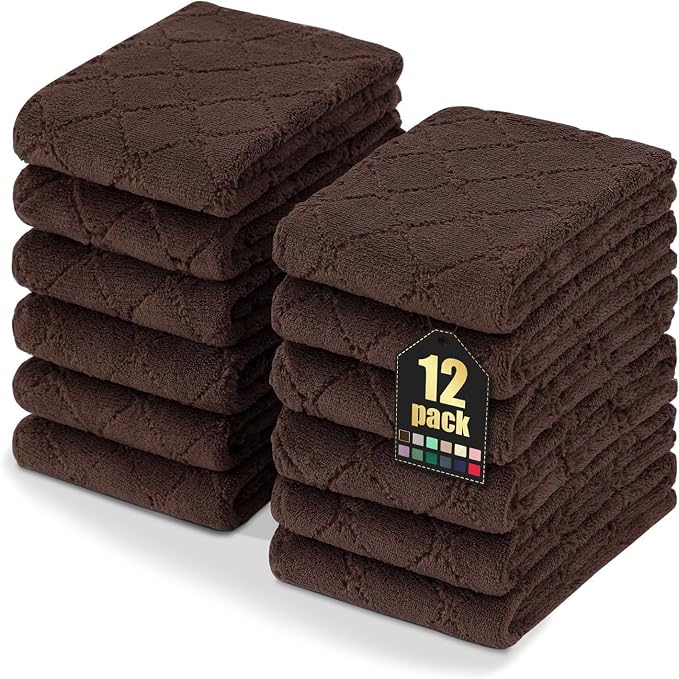 Homaxy 12 Pack Super Soft Absorbent Dish Towels, 10" x 20", Brown | Coral Velvet, Nonstick Oil Fast Drying Microfiber Cleaning Cloth, No Lint Dishcloths for washing and drying
