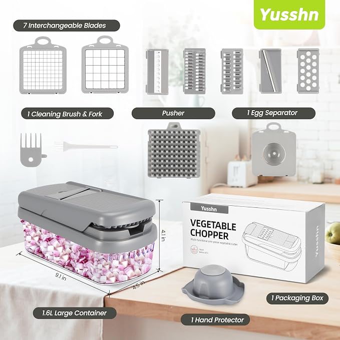 Yusshn Vegetable Chopper, 12-in-1 Food Veggie Chopper Cutter with Container | 7 Sharp Blades Dice, Slice, Shred and Grate for Salads, Onions and Meal Prep, with a Non-Slip Base and Drain Basket