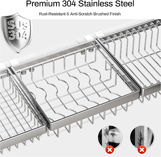 ADBIU Luxurious 304 Stainless Steel Over Sink Dish Drying Rack (Suitable for Sink Length 26.3"- 37.4") Snap-On Design 2 Tier Large Kitchen Dish Rack Stainless Steel Counter Organization and Storage