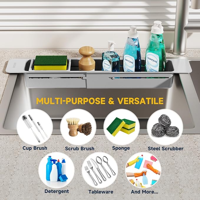 NiHome Extendable Kitchen Sink Caddy Extra Long Brush Sponge Storage Holder | Expandable Kitchen In Sink Organizer Extra Long for Brush & Sponge with Drainage, Adjustable Length, Non-Slip Pads (Gray)