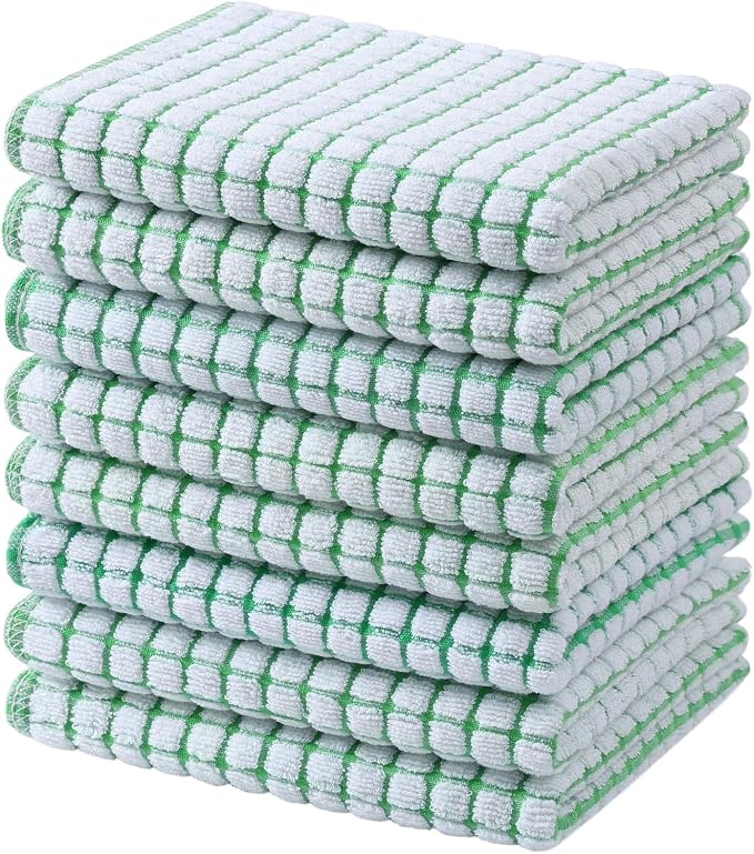 Mordimy Premium Cotton Kitchen Towels 16"x 25", Green Check Design, 8 Pack | Super Absorbent Terry Kitchen Hand Towels, Large Natural Ring Spun 360 GSM Dish Towels, Soft Tea Towels with Hanging Loop