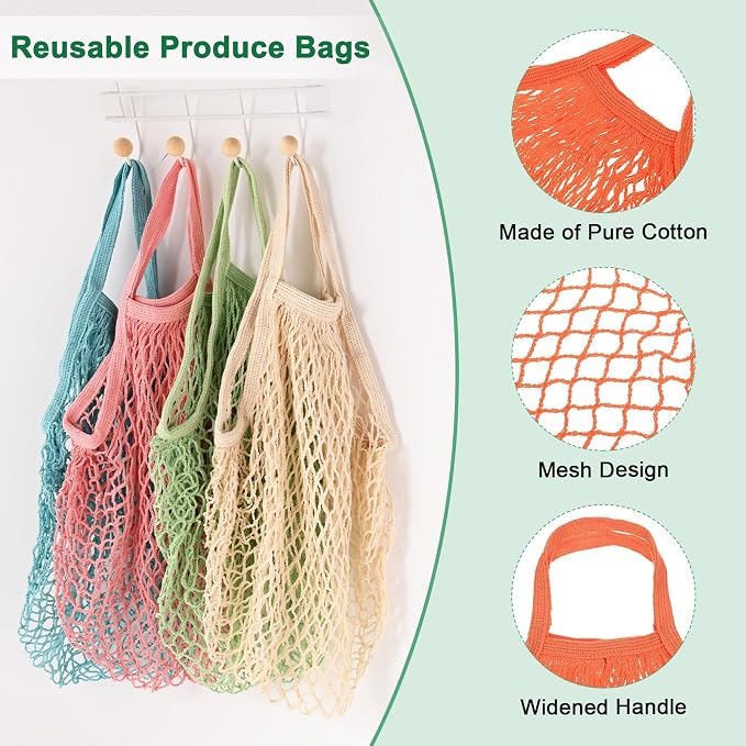 M METERXITY 1-Pack Cotton Mesh Bag, Reusable Washable Mesh Net String Grocery Bags, Reusable Produce Bags with Handle, Net Tote Bag for Fruits/Vegetables Shopping [Orange, Short Handle]