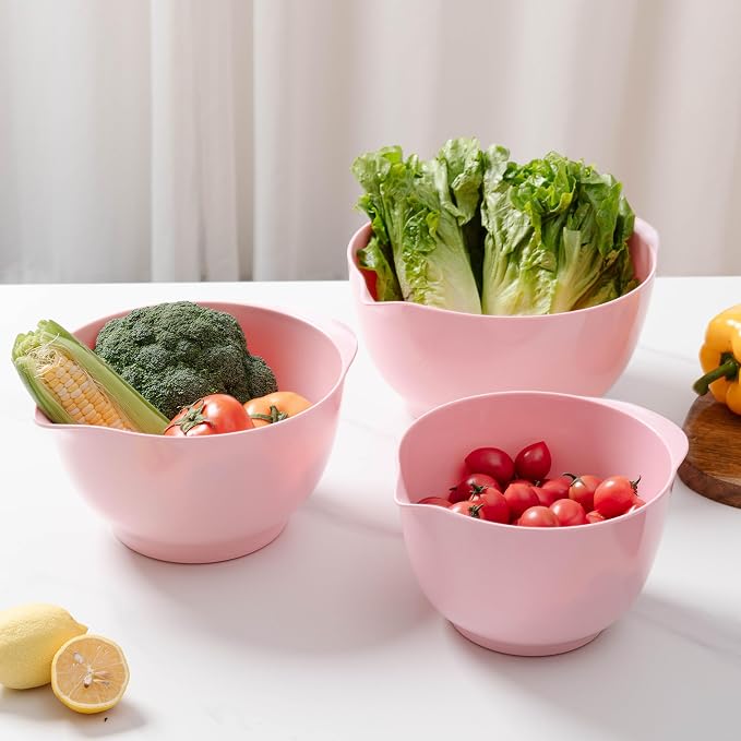 Nesting Melamine Mixing Bowl Set with Pour Spouts, Set of 3, Nesting Design Saves Space, Non-Slip, Size 2, 2.9 and 3.9qt, for Prepping, Mixing, Baking, Cooking, Pink