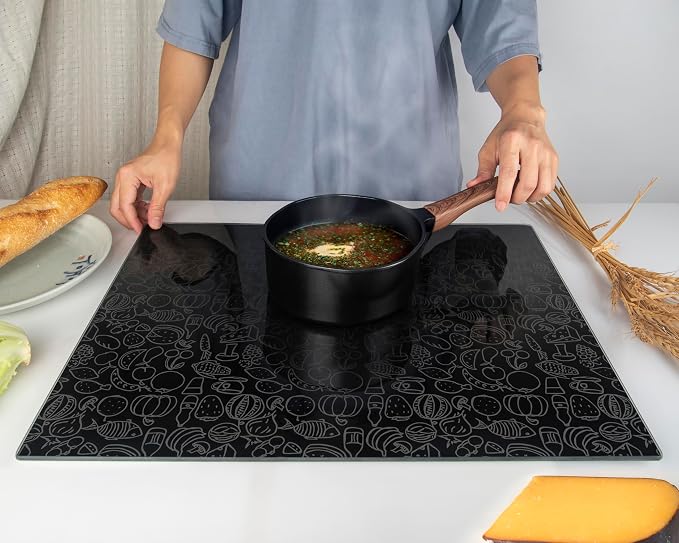 Glass Cutting Board 20”x16”: Tempered Glass Kitchen Counter Protector - Durable- Scratch-Resistant, Heat-Proof - Design 4 - Black Design
