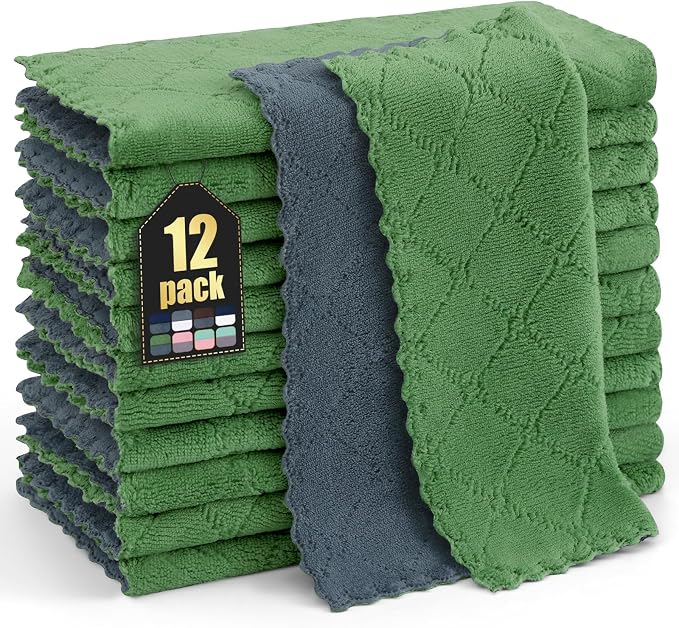 Homaxy 12 Pack Super Soft Dish Cloths, 10" x 10", Dark Grey & Grass Green | Coral Velvet, Nonstick Oil Fast Drying Microfiber Cleaning Cloth, No Lint Household Dishcloths
