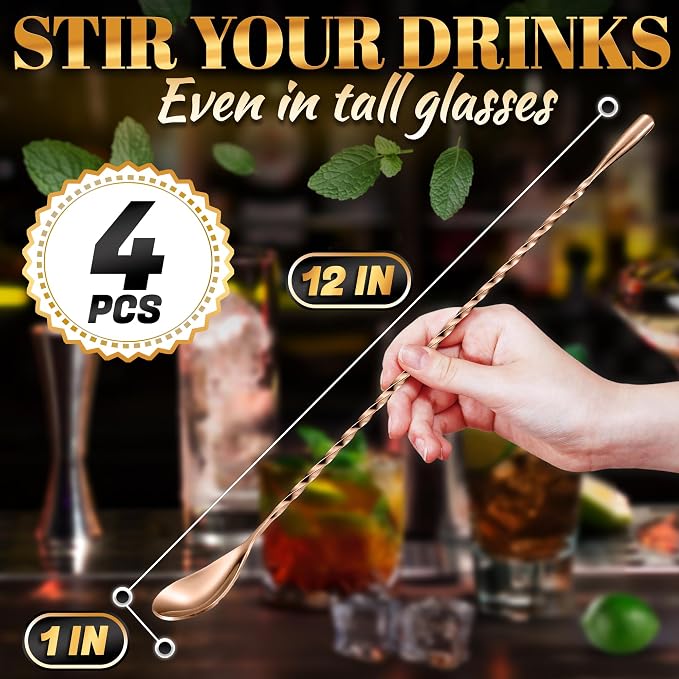 Rose Gold Bar Spoon Set of 4, 12 In, Stainless Steel, Spiral-Pattern Stem | Bar Spoons Cocktail Mixing Spoon Set; Dishwasher Safe, Rust-Resistant; for Cocktails, Iced Tea, Iced Latte; Sugar Spoon