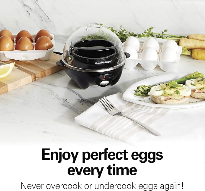 Hamilton Beach 3-in-1 Electric Egg Cooker for Hard Boiled Eggs, Poacher Eggs, Omelet Maker & Vegetable Steamer, Holds 7, Black (25507)