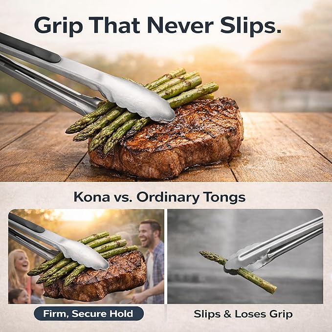 Kona 17-in Stainless Steel Locking Grill Tongs, Heavy-Duty, Set of 2 | Sturdy locking mechanism, stainless steel construction, for cooking, grilling, and BBQ