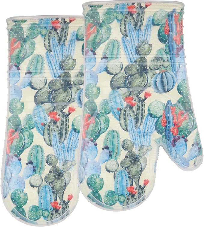 Oven Mitts with Transparent Clear Silicone Shell and Nice Cacturs Flower Printing
