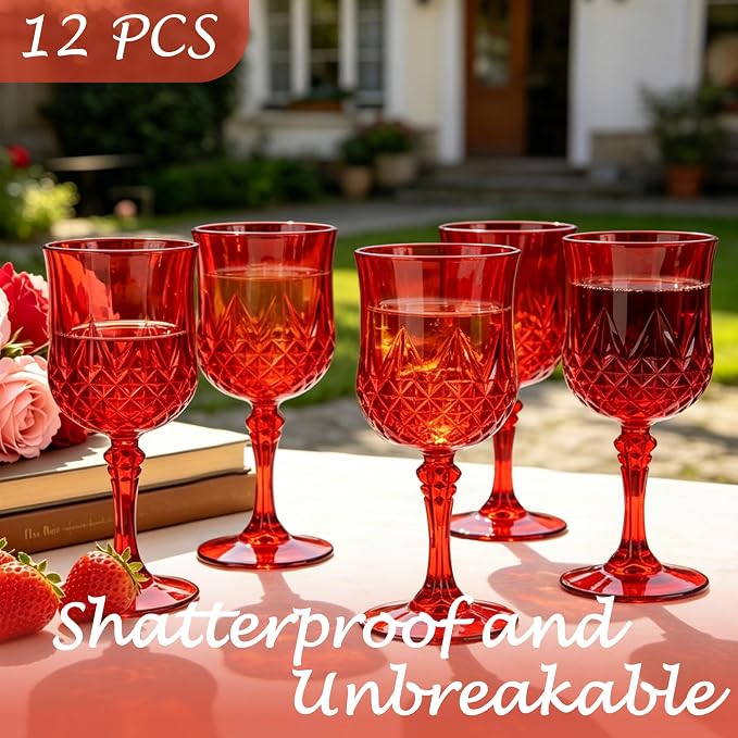 12Pack Plastic Wine Glasses, 7oz Vintage Goblets for Wedding | Unbreakable Crystal Style Reusable Stemware, Elegant Red Drinking Glass for Party Anniversary & Holiday Celebration