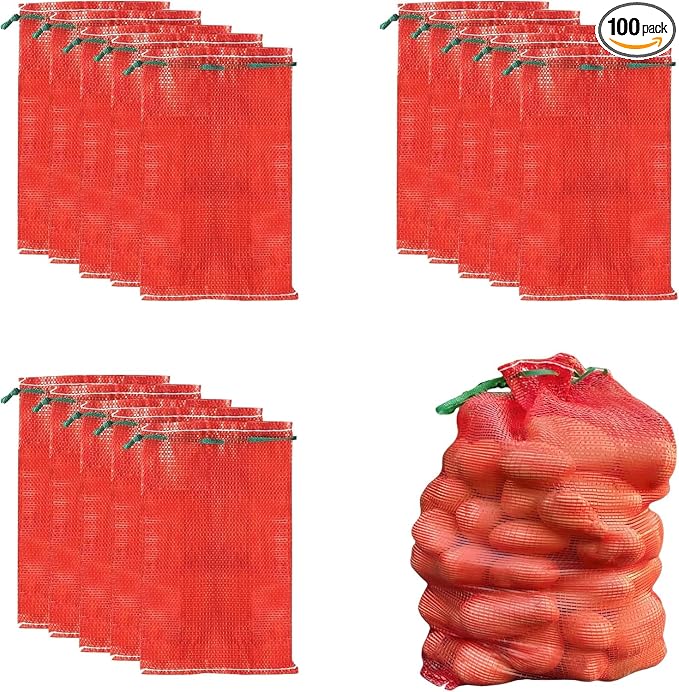 100 Pack 20 lb Mesh Onion Bags, 13"×26" Mesh Produce Bags Hanging Reusable Breathable Vegetable Storage Net Bags with Drawstring for Onions Potatoes Citrus Crawfish