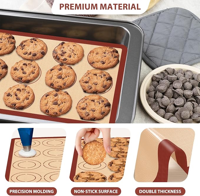 Silicone Baking Mat Set of 4, Nonstick Reusable Macaron Silicone Baking Mat & Round Pizza Mat, Cookie Baking Supplies for Macaroons, Pastry, Pizza, Red