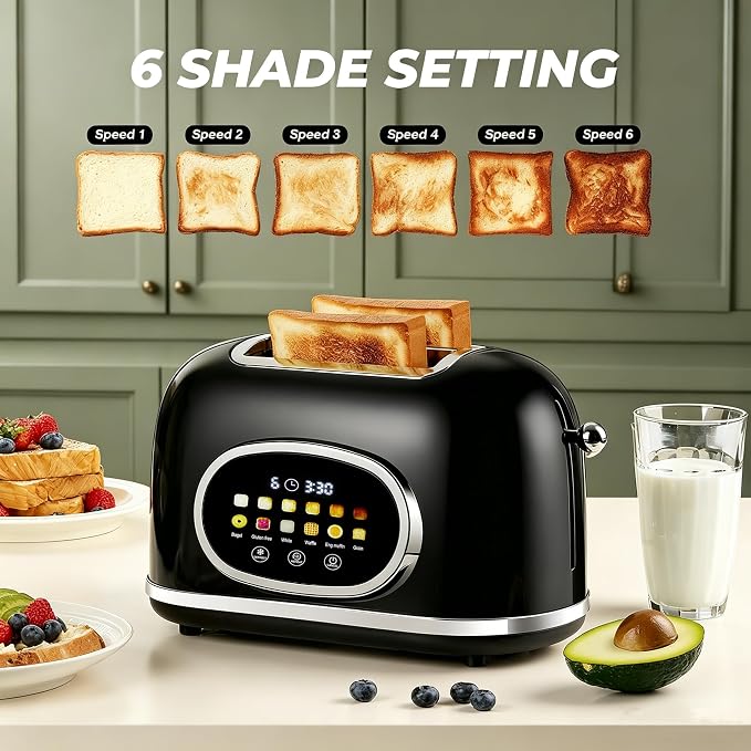 Roter Mond Smart 2 Slice Toaster, Touchscreen, Bagel Defrost, Retro Black | Retro stainless steel, digital timer & sleep mode, 6 bread types & shades, defrost/reheat/cancel,even toasting wide slots
