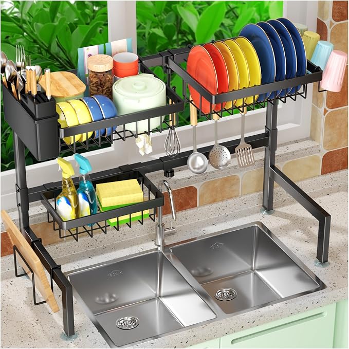 SNSLXH 2-Tier Over The Sink Dish Drying Rack, Kitchen Dish Drying Rack | Large Dish Drying Rack, Suitable for Most Sinks, Kitchen Drying Rack（26.57"-35"）