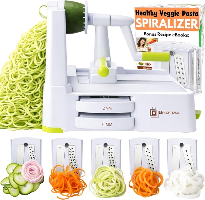 Brieftons 5-Blade Vegetable Spiralizer & Veggie Noodle Maker: Japanese 420-Grade Steel Blades for Zucchini Pasta, Sweet Potato & Beet Noodles, Strong Suction Pad, 4 Recipe eBooks | Keto Vegan Paleo