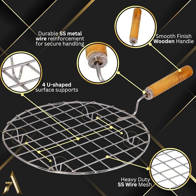 AnNafi® Wire Rack for Cooking Roti, Chapati & Bread | Stainless Steel Cooking Wire Rack for Gas Stove Roasting | BBQ & Barbecue Grilling Rack Mesh with Wooden Handle | Phulka & Papad Roaster