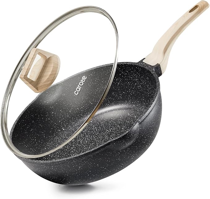 CAROTE 12 Inch Nonstick Deep Frying Pan with Lid, 5.5 Qt | Kitchen Non-Toxic PFOA Free Cookware, Covered Skillet All Stovetops Compatible , Black Granite