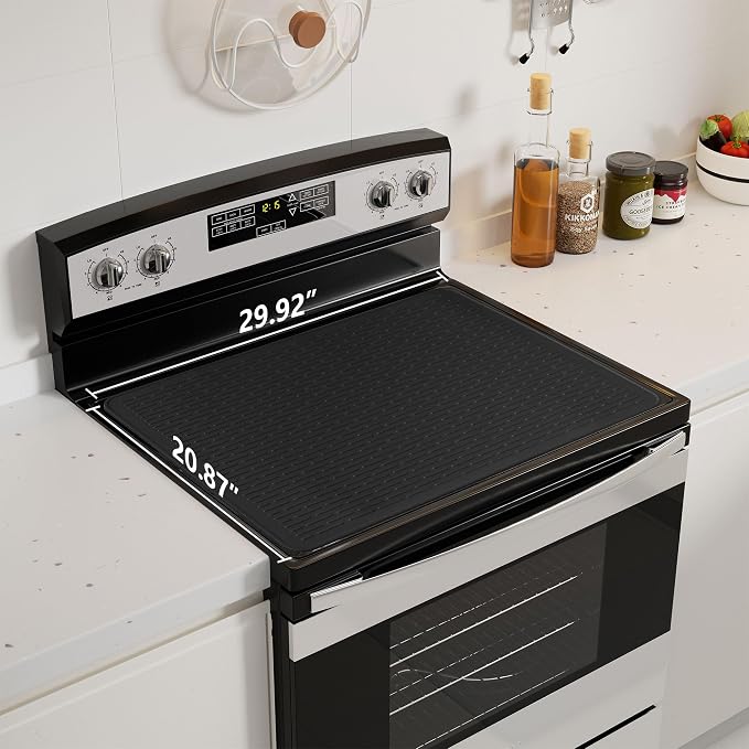 Stove Top Cover for Electric Stove - Food Grade Ceramic Stove top Cover, Silicone XXL Dish Drying Mat, Glass Cooktop Covers, Flat RV Range top Mats (Black Thickened,30x21)