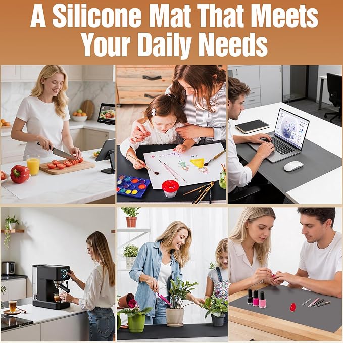 Silicone Mat for Kitchen Counter with Edge Protection – Quartz Countertop Protector, Heat Resistant & Non-Slip, Easy Clean, 100% Food Grade Silicone, 28"x20" (Gray)