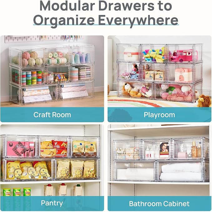 Vtopmart 6 Pack Clear Stackable Storage Bins 15QT | Easily Assemble Bathroom Organizers,Plastic Storage Bins for Kitchen Pantry,Under Sink Organization(Medium)