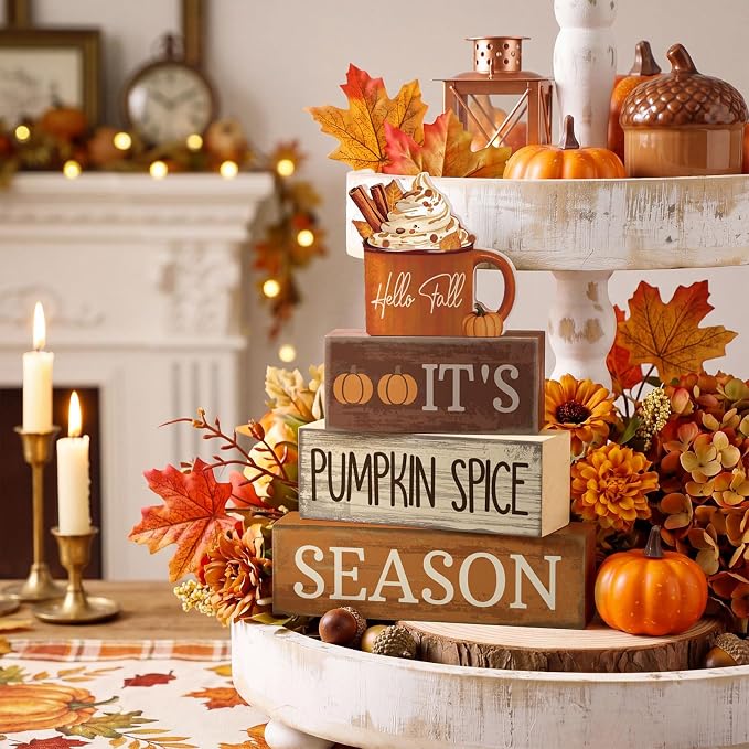 Lineshading 4 Pcs Wooden Fall Block Signs Pumpkin Spice Tabletop Decor | Rustic Farmhouse Stackable Design, Tiered Tray Displays, Coffee Table Centerpiece, Thanksgiving Seasonal Home Decor