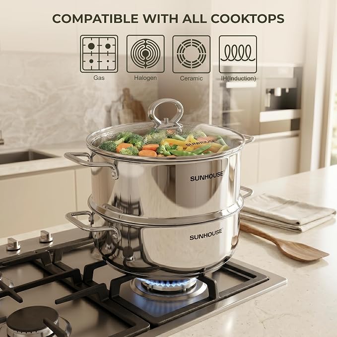 SUNHOUSE 9.3 QT Stainless Steel Steamer Pot for Cooking with Glass Lid | 5.5 QT Steamer Basket & 3.8 QT Stockpot - 2-Tier Large Vegetable Steamer Food with Stay-Cool Handles - Tri-ply Induction Base