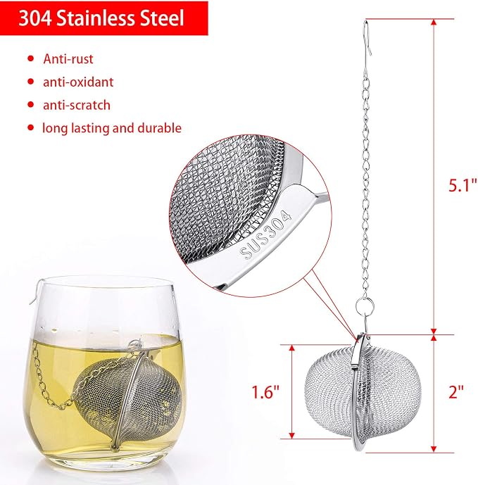 12 Pack Stainless Steel Tea Balls for Loose Tea, Mesh Ball Infuser | Extended Chain Hooks for Easy Removal, 304 stainless, Fine Mesh Filters for Spices and Seasonings