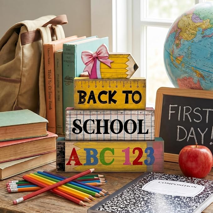 Lineshading 4 Pcs Back To School Table Decorations Wooden Pencil Blocks | Back To School Tiered Tray Decorations With Abc 123 Pencil Ruler, Rustic Farmhouse Gift For Classroom Teacher Desk