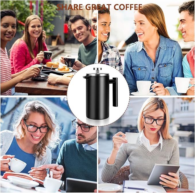 34 OZ Large French Press, Premium Stainless Steel French Press Coffee Maker | Sturdy Insulated French Coffee Press 4 - 8 Cups, Tea Presses for Home Kitchen Camping Travel Loose Tea, Elegant Black