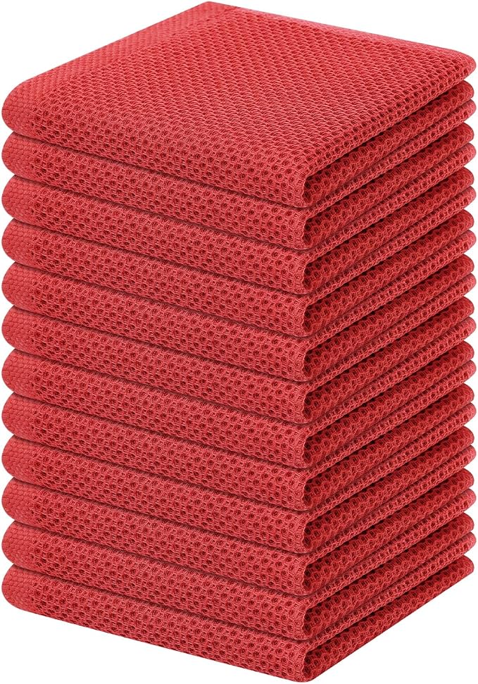 Homaxy 100% Cotton Waffle Weave Kitchen Dish Cloths 12-Pack, Brick Red | 12 x 12 Inches, Ultra Soft Absorbent Dish Towels, Quick Drying Dish Rags with Hanging Loop