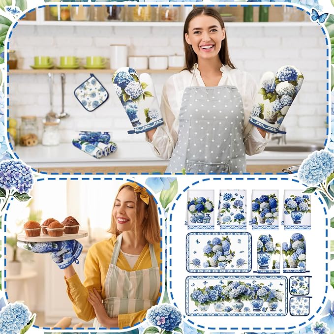 Fanfanwin 10 Pcs Chinoiserie Blue White Hydrangea Kitchen Decor Set Blue and White Chinese Floral Dish Towels Rugs Oven Mitts Pot Holders for Cooking Baking Mom Gift Home Hydrangea Decor