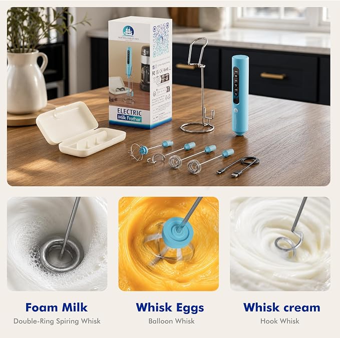 Rechargeable Milk Frother with Stand, 4 Interchangeable Whisks & Travel Case – Handheld Mixer for Lattes, Matcha, Hot Chocolate, Eggs & Protein Shakes