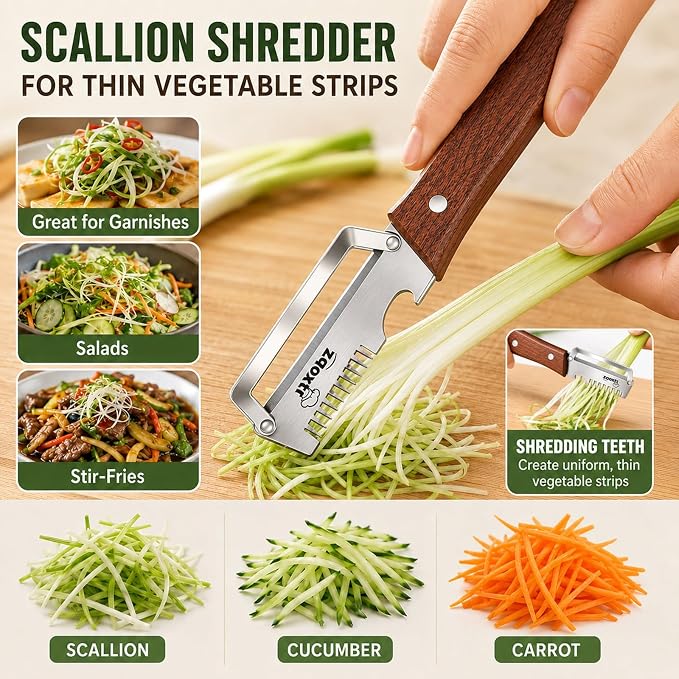 3-in-1 Multifunctional Vegetable Peeler for Kitchen | Sharp Stainless Steel Blade with Wooden Handle, Scallion Shredder and Bottle Opener Fruit and Vegetables. 2Pcs