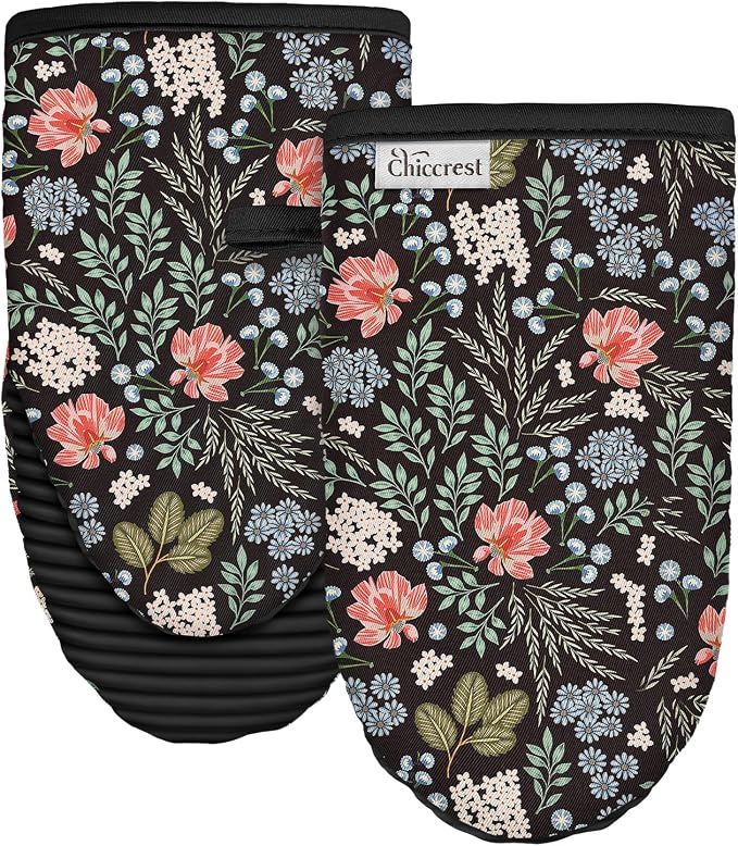 100% Thick Cotton Oven Mitts Ribbed Soft Silicone Bright Flower | Aesthetic Oven Mitts for Women, Machine Washable Non-Slip Kitchen Mitts, Reversible for Both Hands, Stylish Kitchen Decor