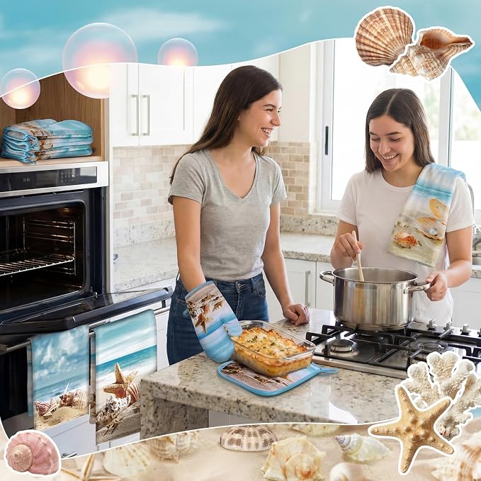SiliFine 12 Pcs Beach Seashell Kitchen Accessories Set Coastal Starfish Pot Holders Seashell Oven Mitts Ocean Beach Kitchen Towels for Summer Home Decorations, Cooking Baking Housewarming Gifts