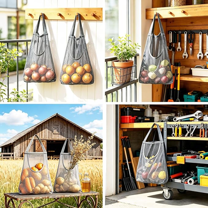Ahyuan 5 Pack Hanging Mesh Storage Bags For Potatoes,Onions,Garlics,Vegetables Long and Large Reusable Net Storage Tote Bags for Fruit Veggies Green Pepper or Garbage Bag (Gray)