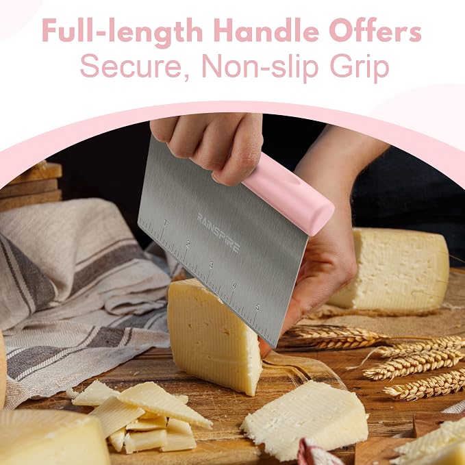 Upgraded 304 Stainless Steel Multi-Purpose Bench Scraper with Measurement Marks, Dishwasher Safe, Dough Cutter for Pizza, Bread and Cookie Dough Vegetable Chopper, Baking Supplies, Pink