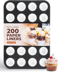 CARTMAN 24-Cup Mini Muffin Pan, Nonstick Carbon Steel Mini Cupcake Tin | Includes 200 paper liners, 24-cup nonstick carbon steel, oven safe 450°F, ideal for egg bites, mini cupcakes & brownies